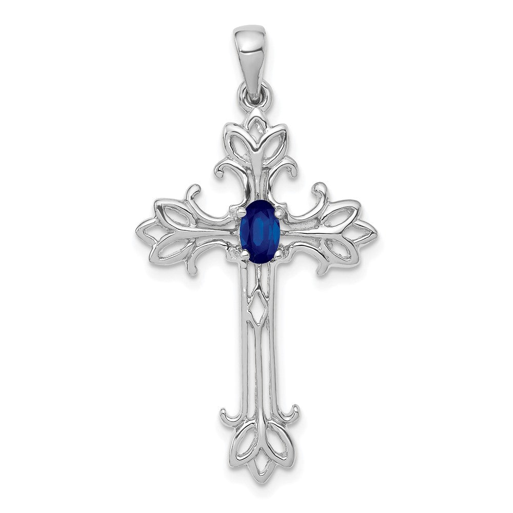 14k White Gold 5x3mm Sapphire Cross Pendant