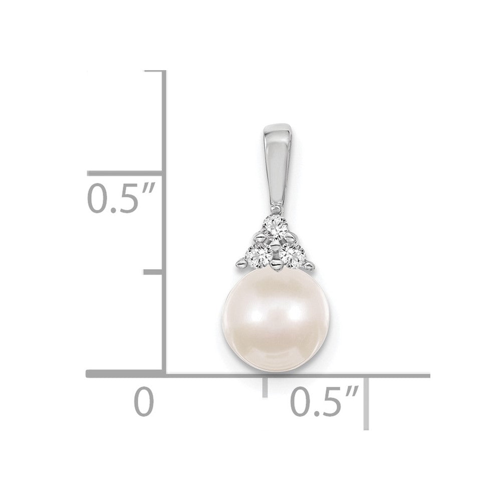 14k White Gold 7-8mm Near Round White Freshwater Cultured Pearl and AA Diamond Pendant