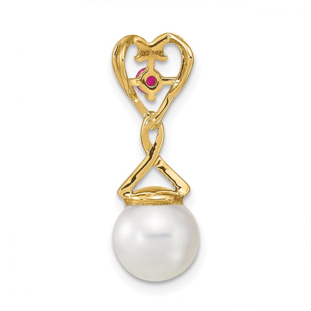 14k 8-9mm Round White Freshwater Cultured Pearl/Lab Created Ruby/Diamond Chain Slide