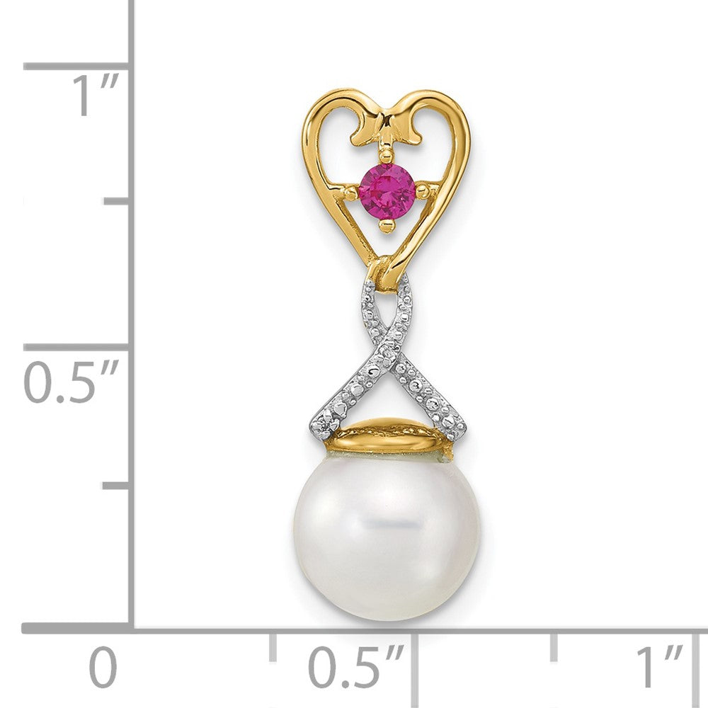 14k 8-9mm Round White Freshwater Cultured Pearl/Lab Created Ruby/Diamond Chain Slide