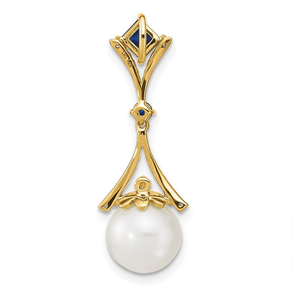 14k 8-9mm Round White Freshwater Cultured Pearl/Lab Created Sapphire/Diamond Chain Slide