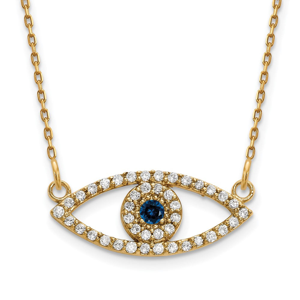 14k Polished 1/6 carat Diamond and Sapphire Small Evil Eye 18 inch Necklace