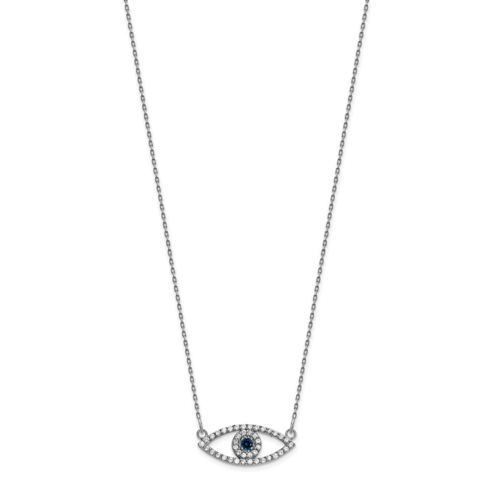 14k White Gold Polished 1/6 carat Diamond and Sapphire Small Evil Eye 18 inch Necklace