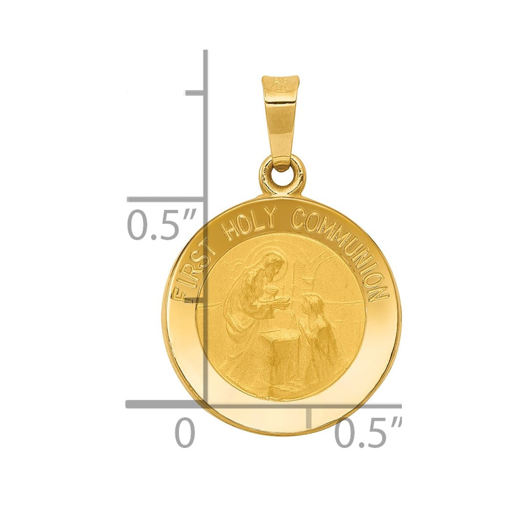 14k Polished and Satin Hollow FIRST HOLY COMMUNION Medal Round Pendant