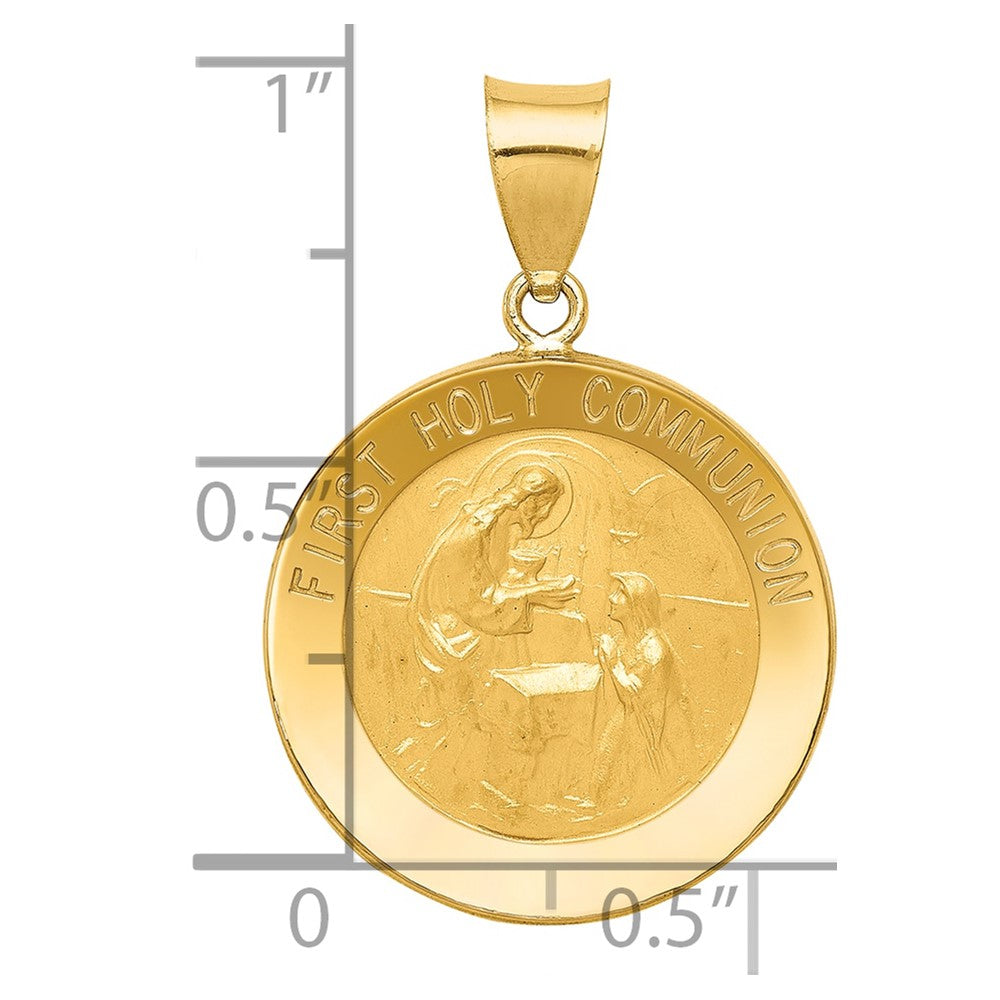 14k Polished and Satin Hollow FIRST HOLY COMMUNION Medal Round Pendant
