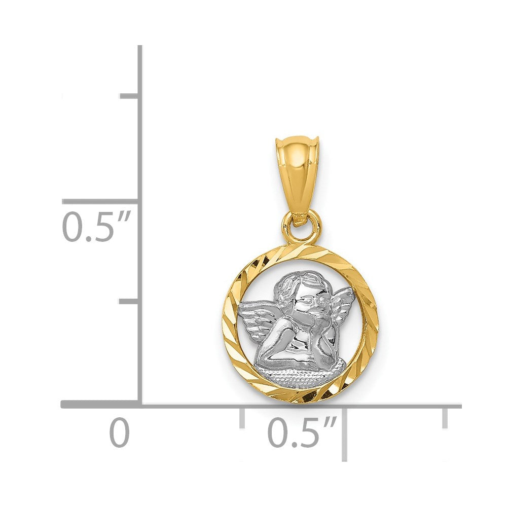 14K and White Rhodium Diamond-cut Cherub in Circle Pendant