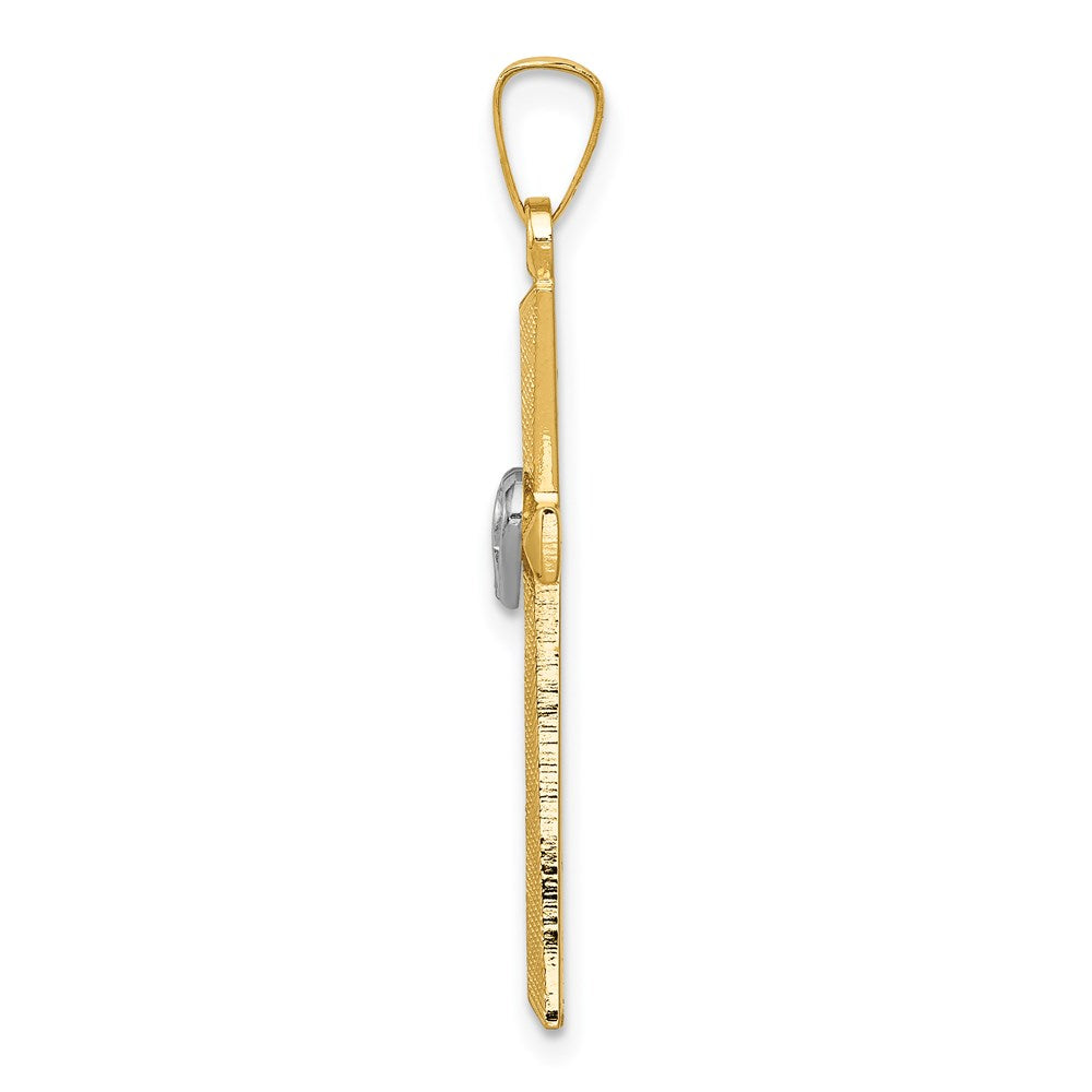 14K Two-tone Textured and Polished Latin Cross with Hearts Pendant