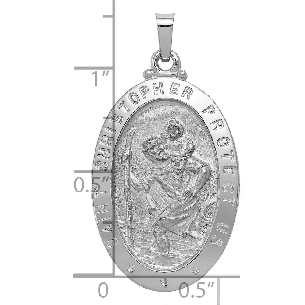 14k White Gold Polished and Satin Solid Saint Christopher Medal Oval Pendant