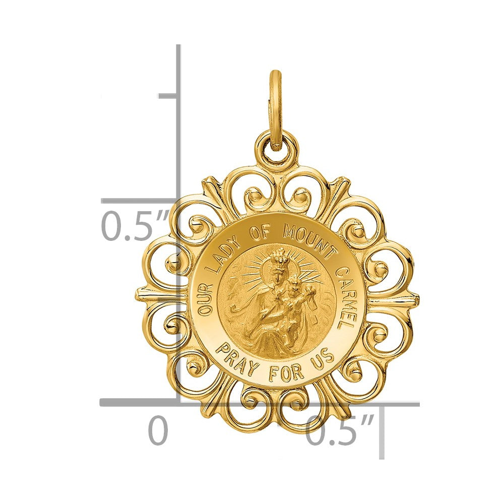 14k Polished and Satin Solid Our Lady of Mt. Carmel Medal Scalloped Edge Round Charm