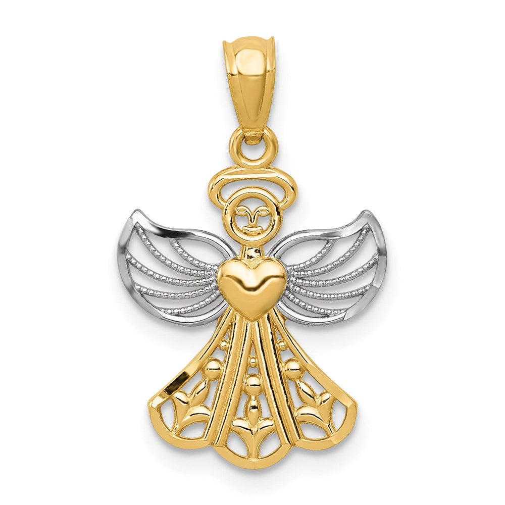 14K and White Rhodium Filigree Angel with Heart Pendant