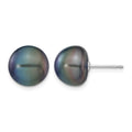 14k White Gold 10-11mm Black Button Freshwater Cultured Pearl Stud Post Earrings