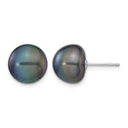 14k White Gold 10-11mm Black Button Freshwater Cultured Pearl Stud Post Earrings