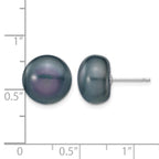 14k White Gold 11-12mm Black Button Freshwater Cultured Pearl Stud Post Earrings