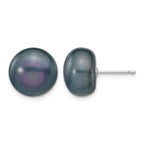 14k White Gold 11-12mm Black Button Freshwater Cultured Pearl Stud Post Earrings