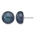 14k White Gold 12-13mm Black Button Freshwater Cultured Pearl Stud Post Earrings