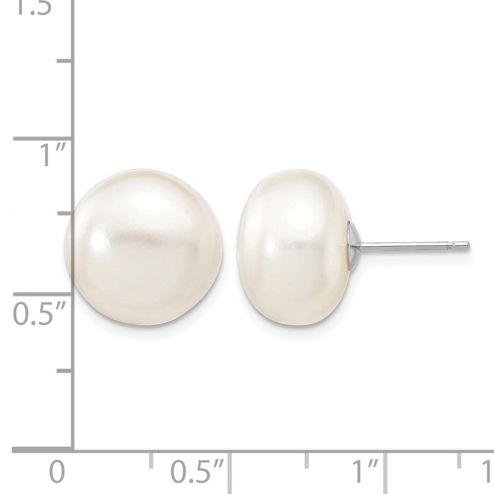 14k White Gold 12-13mm White Button Freshwater Cultured Pearl Stud Post Earrings