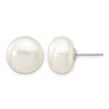 14k White Gold 12-13mm White Button Freshwater Cultured Pearl Stud Post Earrings