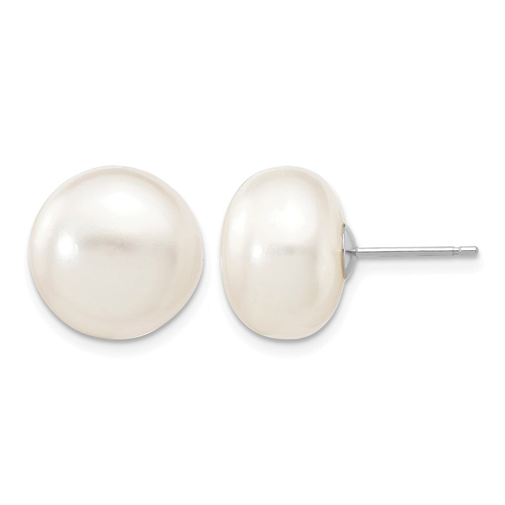 14k White Gold 12-13mm White Button Freshwater Cultured Pearl Stud Post Earrings