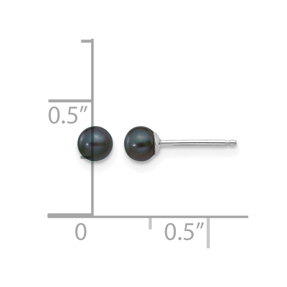 14k White Gold 3-4mm Black Round Freshwater Cultured Pearl Stud Post Earrings