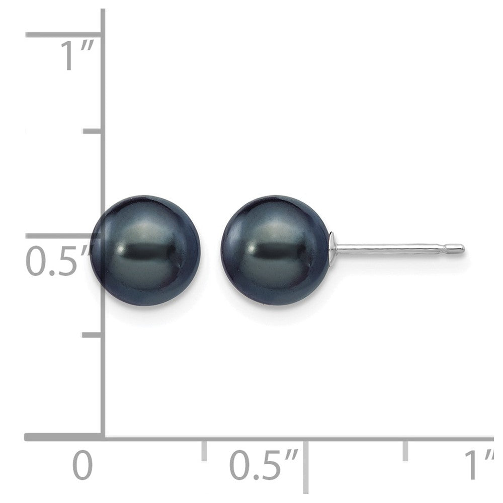 14k White Gold 7-8mm Black Round Freshwater Cultured Pearl Stud Post Earrings