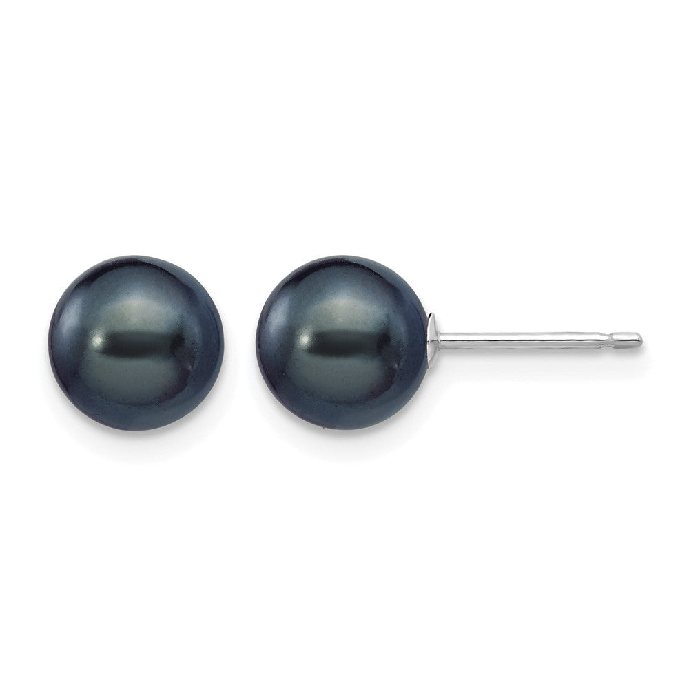 14k White Gold 7-8mm Black Round Freshwater Cultured Pearl Stud Post Earrings
