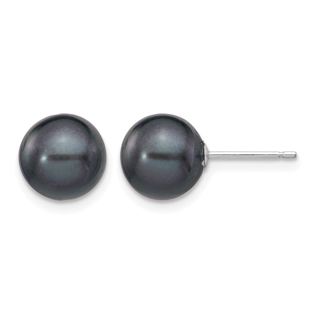14k White Gold 8-9mm Black Round Freshwater Cultured Pearl Stud Post Earrings