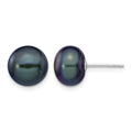 14k White Gold 9-10mm Black Button Freshwater Cultured Pearl Stud Post Earrings