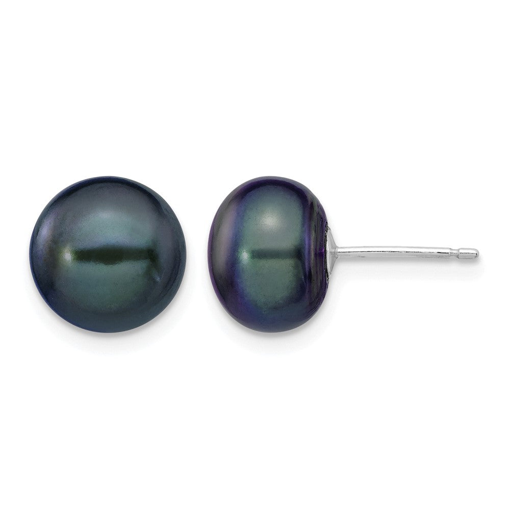14k White Gold 9-10mm Black Button Freshwater Cultured Pearl Stud Post Earrings