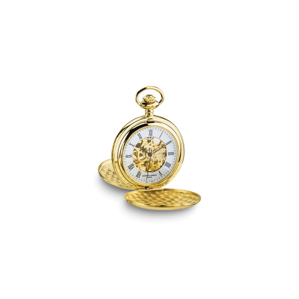 Charles Hubert 14k Gold-finish White Skeleton Dial Pocket Watch