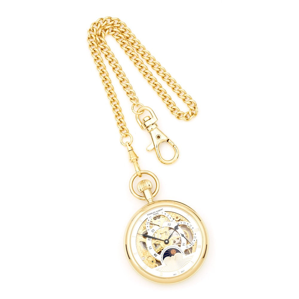 Charles Hubert IP-plated Stainless Open Face Dual Time Pocket Watch