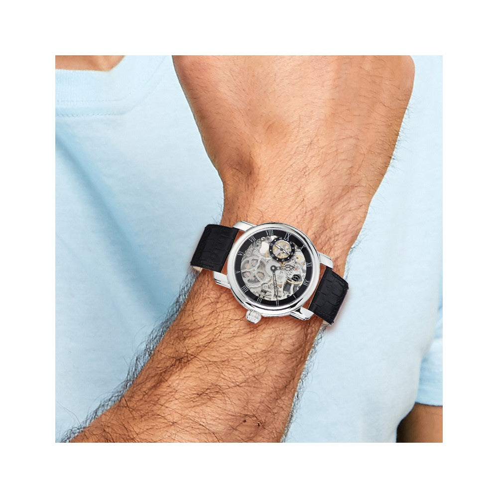 Mens Charles Hubert Leather Band Black Skeleton Dial Watch