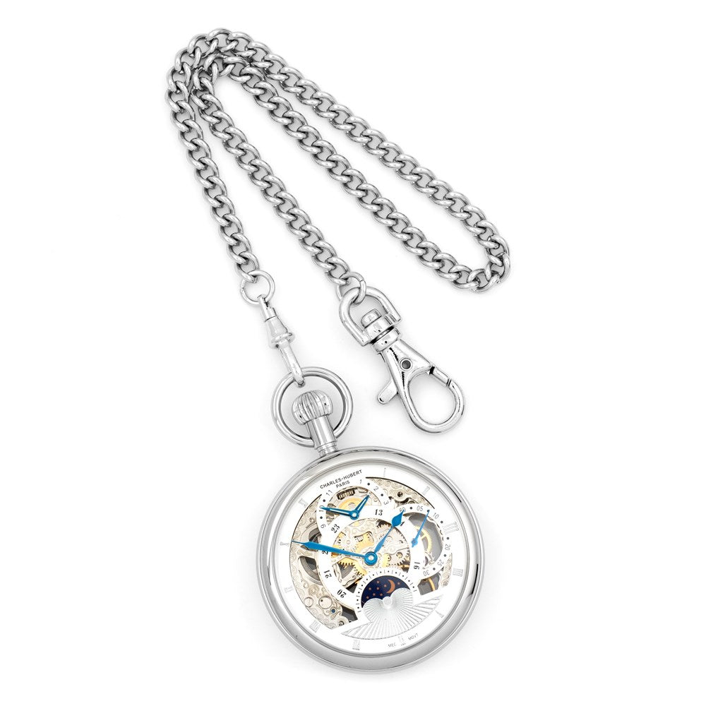 Charles Hubert Stainless Steel Open Face Skeleton Dual Time Pocket Watch