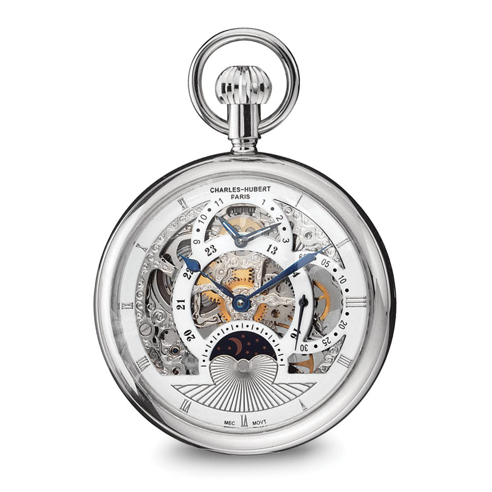 Charles Hubert Stainless Steel Open Face Skeleton Dual Time Pocket Watch