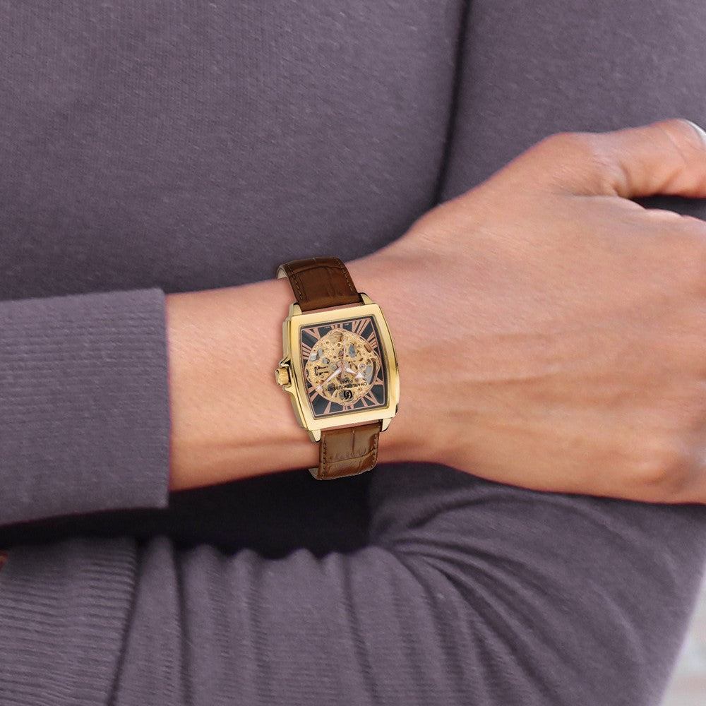 Charles Hubert Brown Strap IP-plated Skeleton Dial Automatic Watch