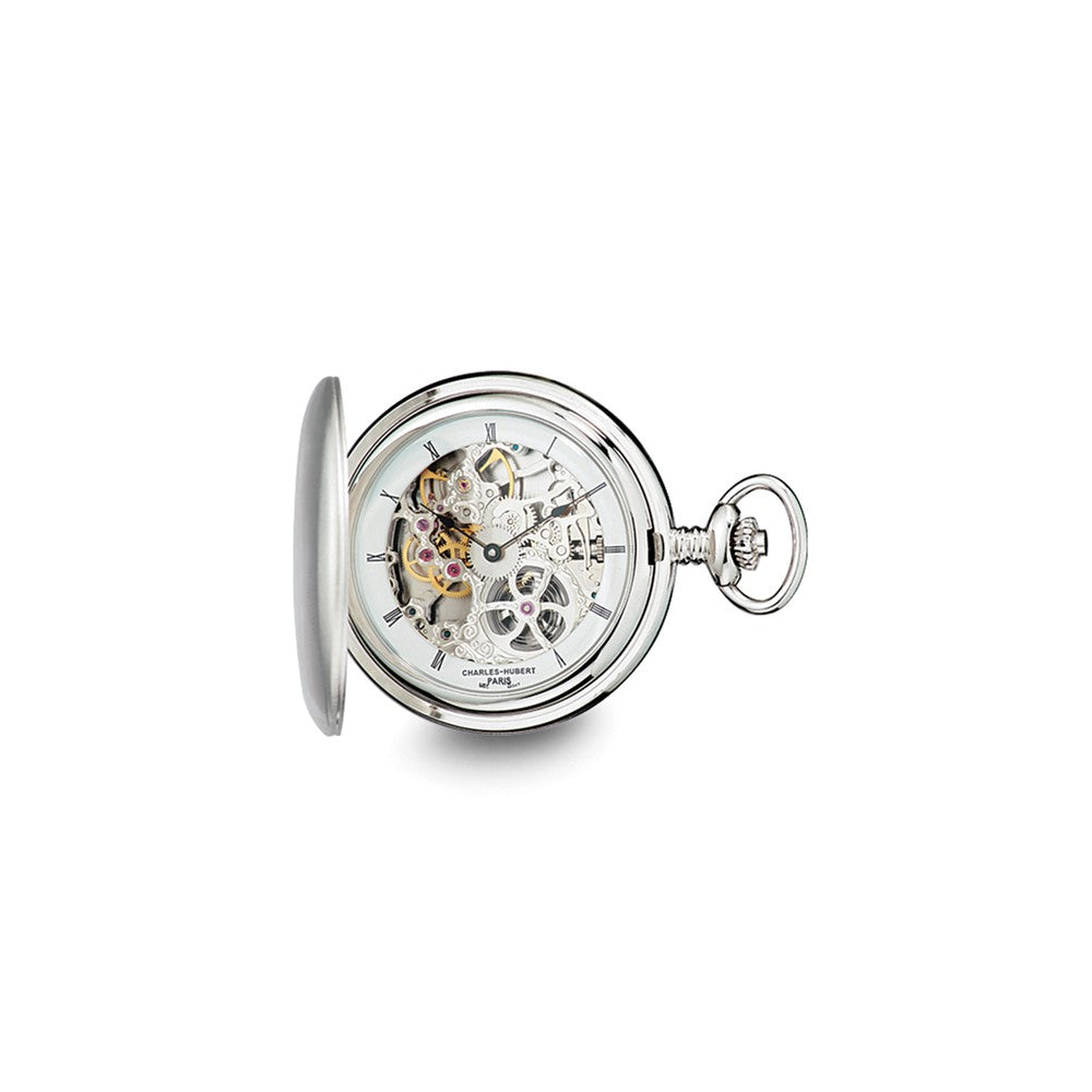 Charles Hubert Stainless Steel Skeleton Dial Pocket Watch