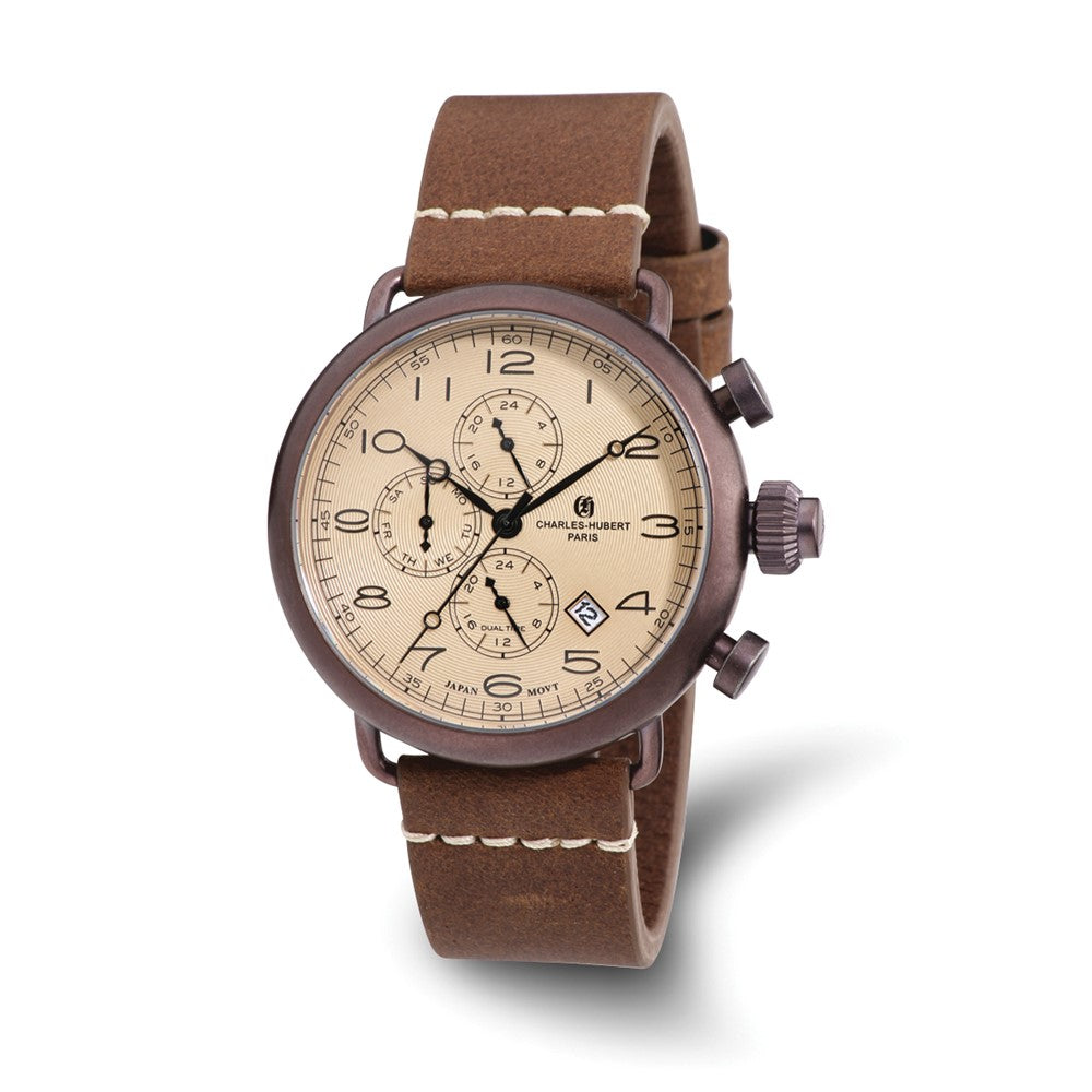 Mens Charles Hubert Brown IP-plated Leather Band 46mm Dual Time Watch