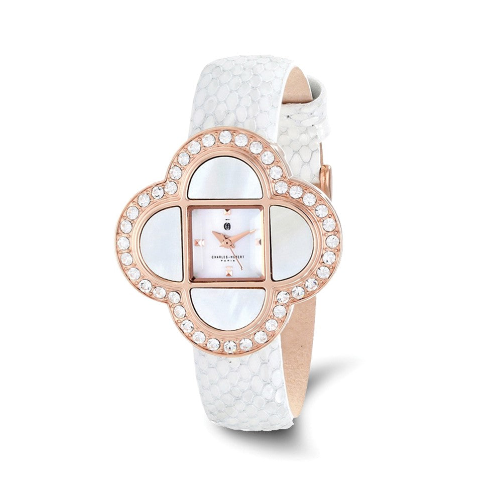Ladies Charles Hubert Rose IP Stainless White Leather Band 36mm Watch