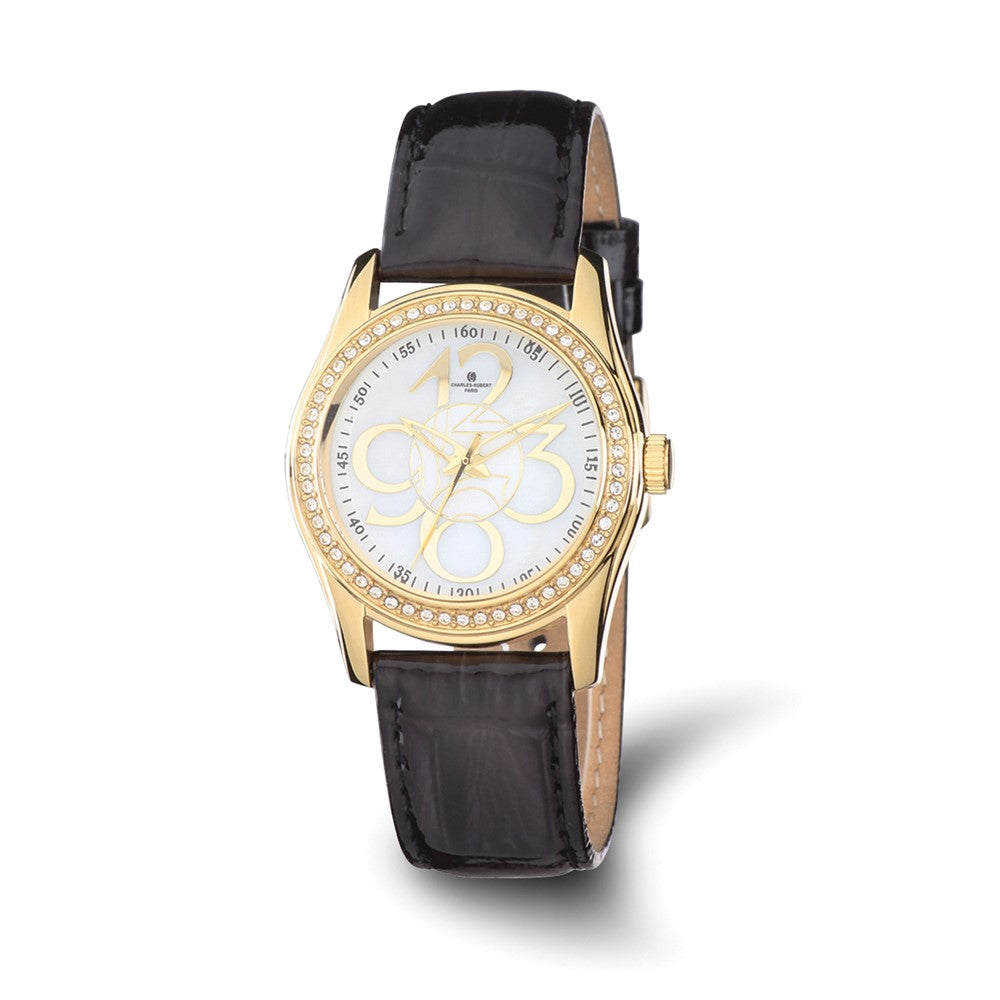 Ladies Charles Hubert IP-plated Crystal Bezel Black Leather Watch