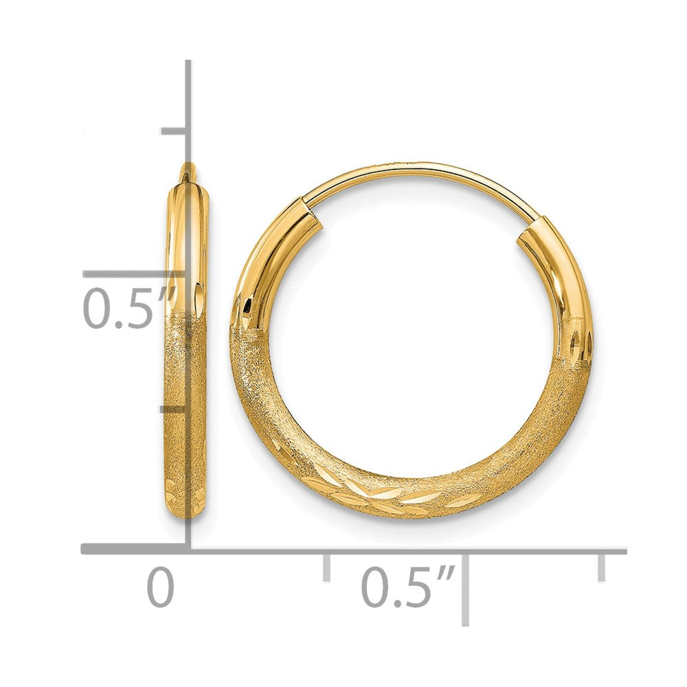 14k 2x18mm Satin Diamond-cut Endless Tube Hoop Earrings