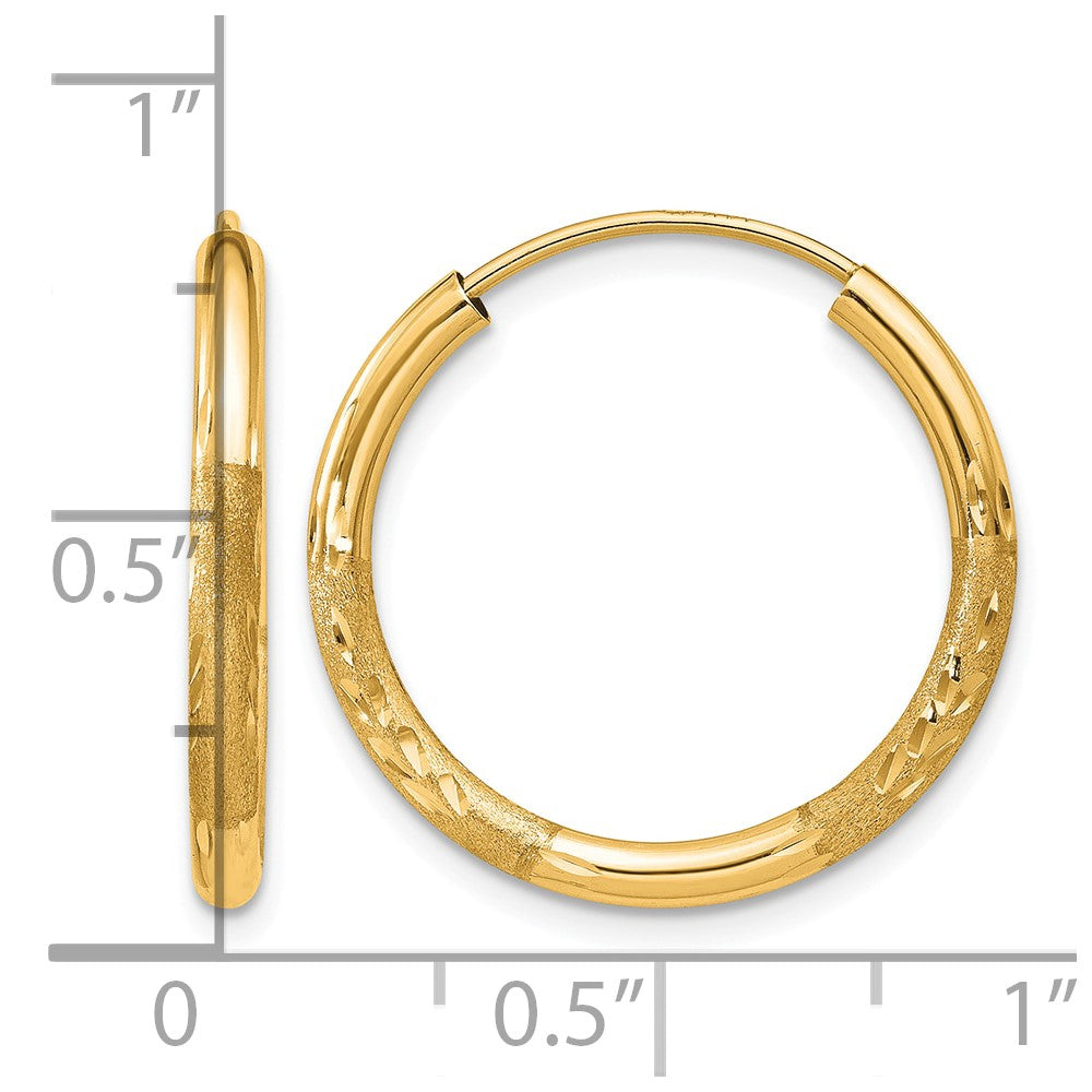 14k 2x20mm Satin Diamond-cut Endless Tube Hoop Earrings
