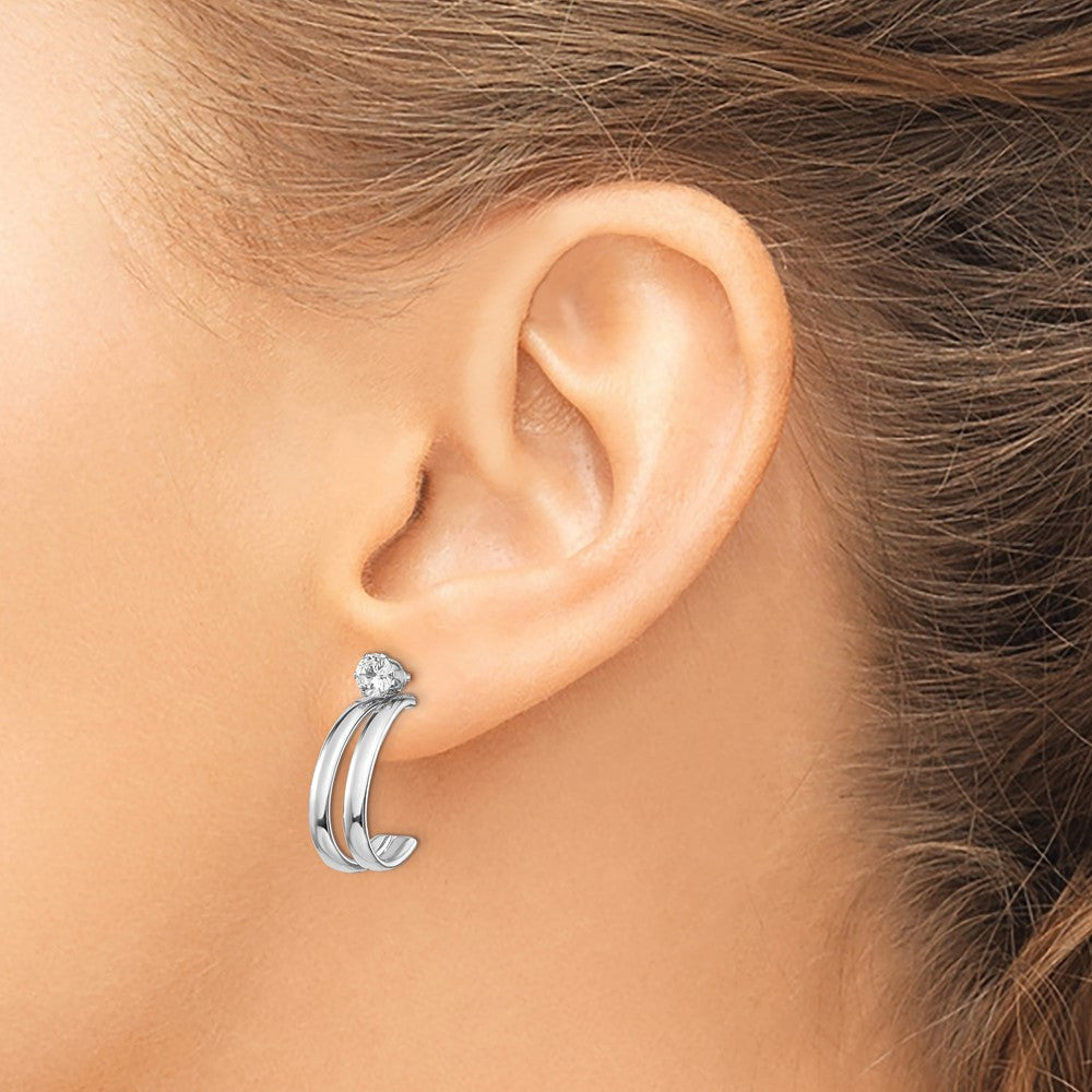 14K White Gold Polished J-Hoop Jackets with 4mm CZ Stud Earrings