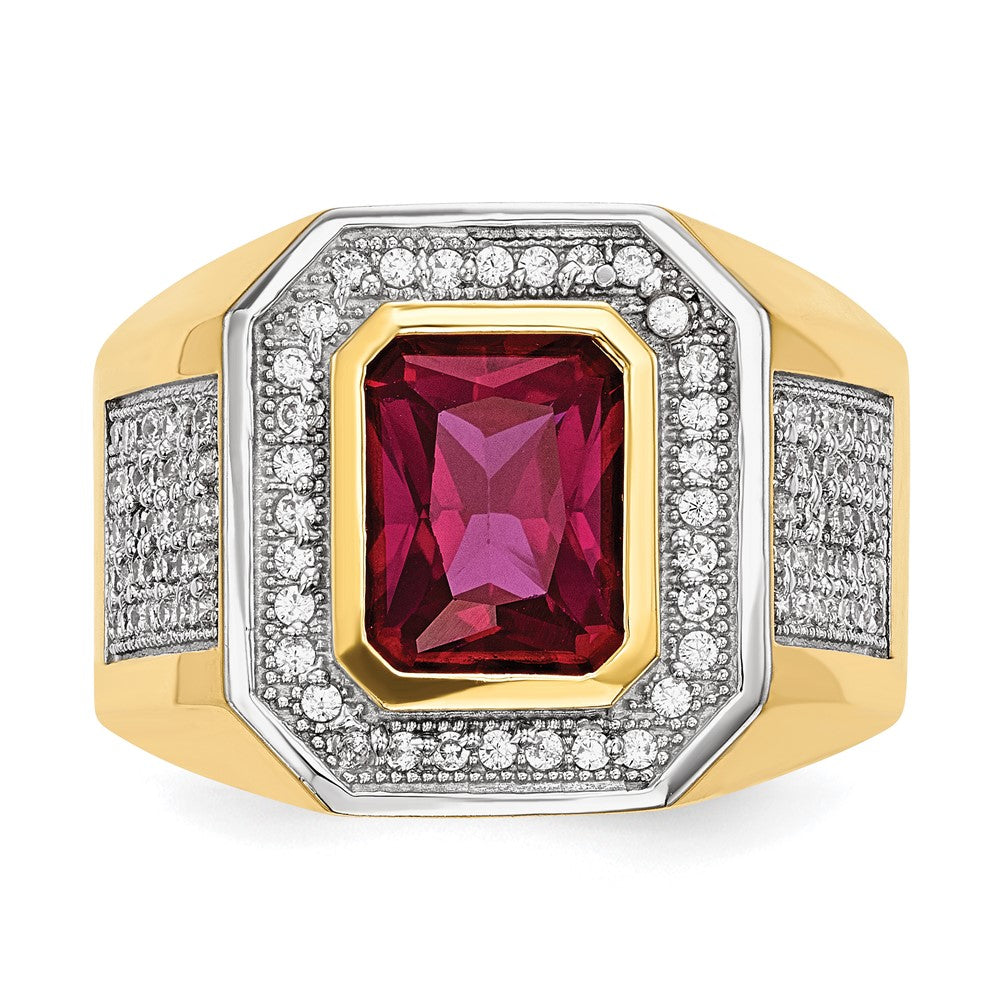 IB Goodman 14k and White Rhodium CZ and Emerald-cut Red CZ Mens Ring