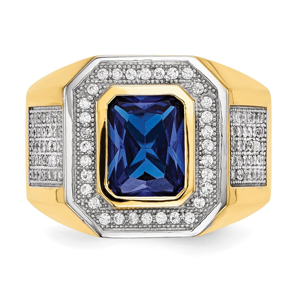 IB Goodman 14k and White Rhodium CZ and Emerald-cut Blue CZ Mens Ring