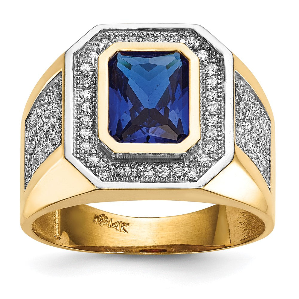 IB Goodman 14k and White Rhodium CZ and Emerald-cut Blue CZ Mens Ring