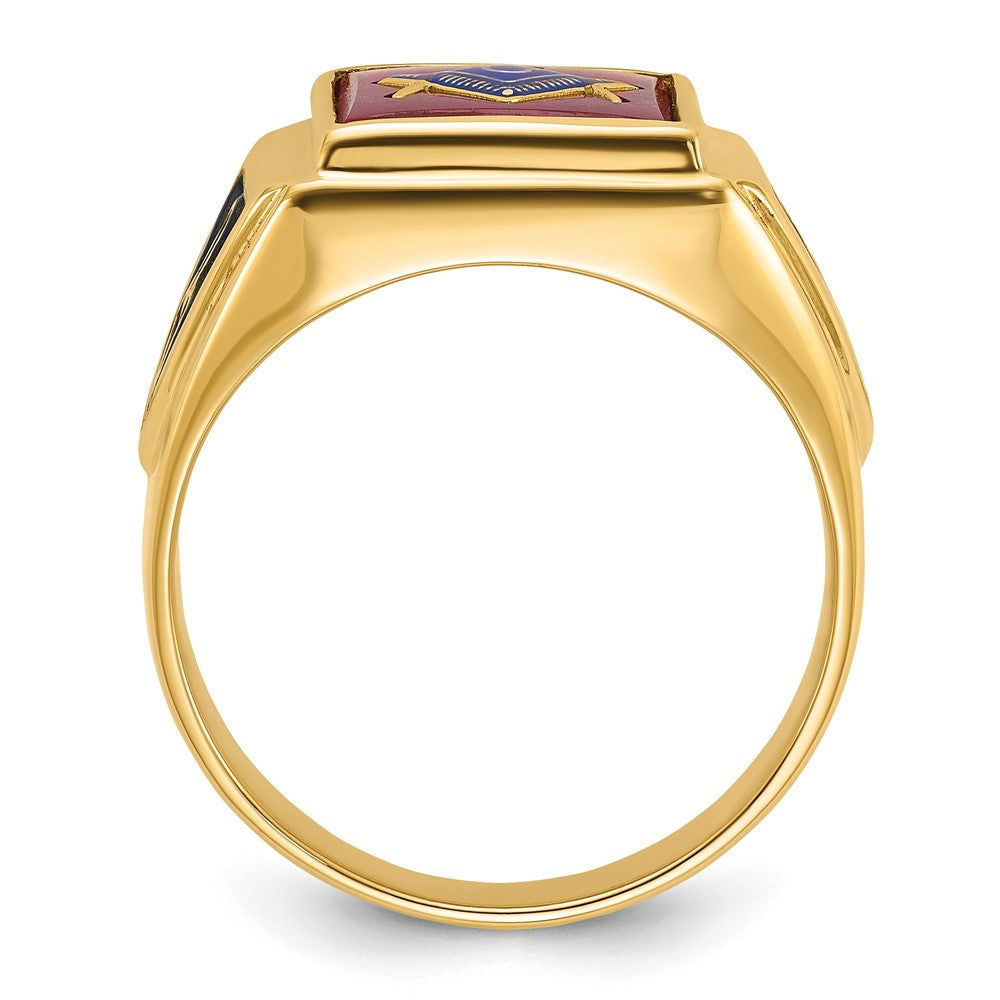 IB Goodman 14k Mens Polished and Textured with Black Enamel and Lab Created Ruby Masonic Ring