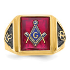 IB Goodman 14k Mens Polished and Textured with Black Enamel and Lab Created Ruby Masonic Ring
