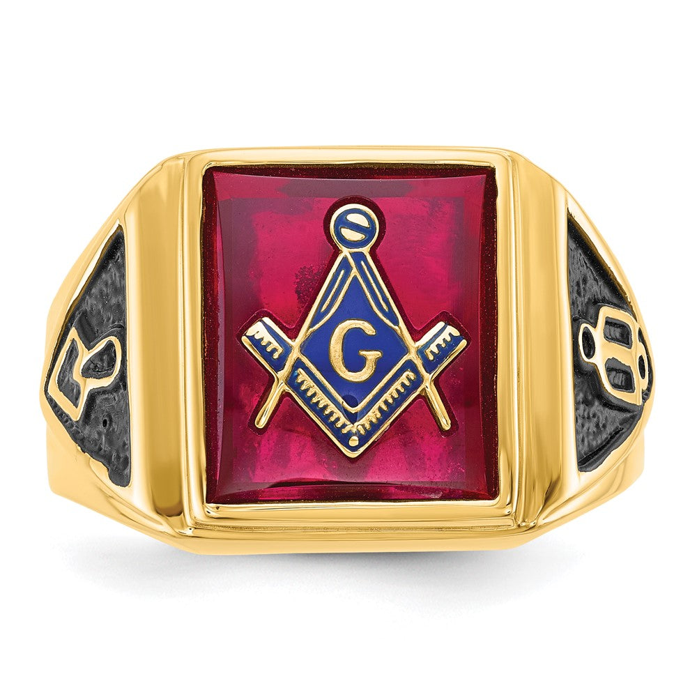IB Goodman 14k Mens Polished and Textured with Black Enamel and Lab Created Ruby Masonic Ring