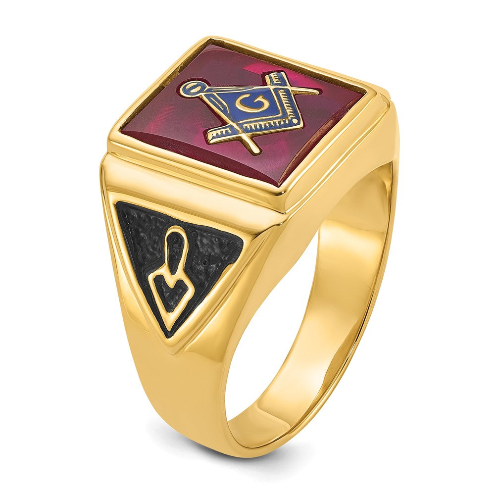 IB Goodman 14k Mens Polished and Textured with Black Enamel and Lab Created Ruby Masonic Ring