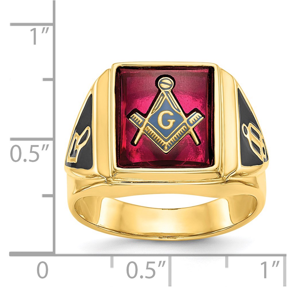 IB Goodman 14k Mens Polished and Textured with Black Enamel and Lab Created Ruby Masonic Ring