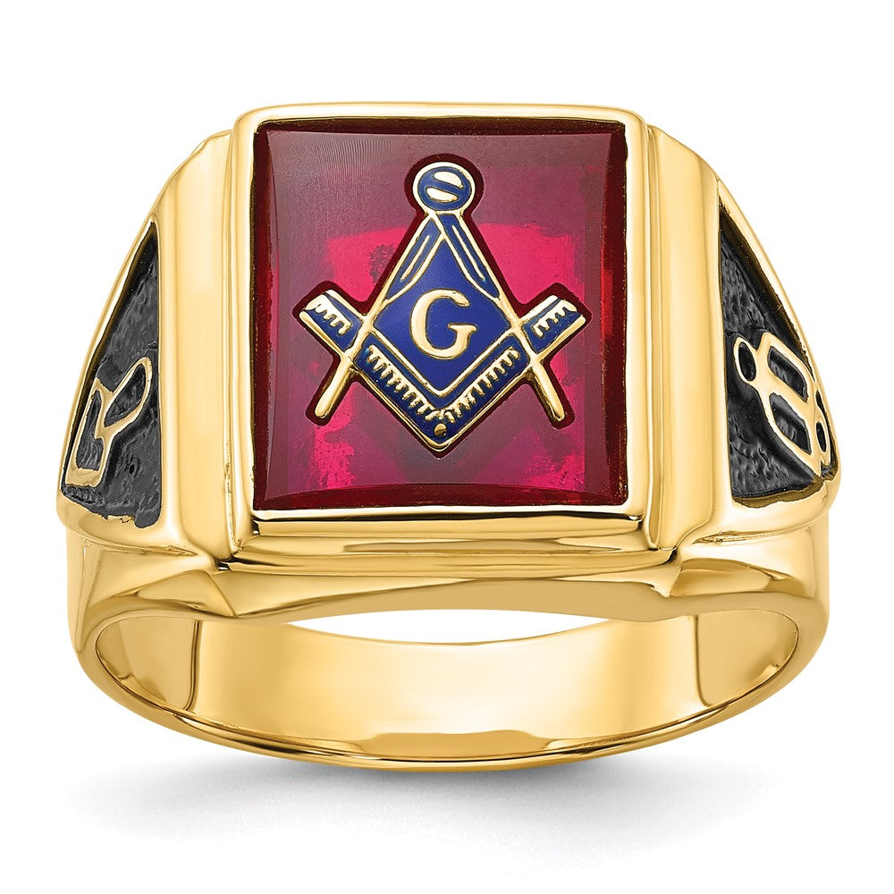 IB Goodman 14k Mens Polished and Textured with Black Enamel and Lab Created Ruby Masonic Ring